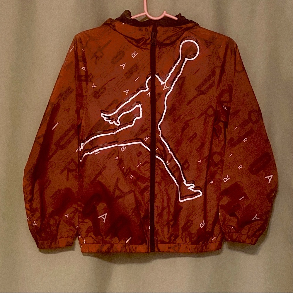 Jordan Boys All Over Logo Windbreaker Jacket with Hood Rain Jacket (M) 10/12 Yrs